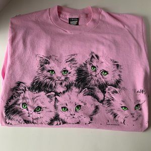 Vintage 1991 Single Stitch Pink Cats Kittens T-Shirt - SIZE L Screen Stars Best